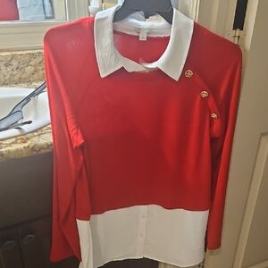 Cato Size L Nwot Red and White Long Sleeve Top with Gold Buttons